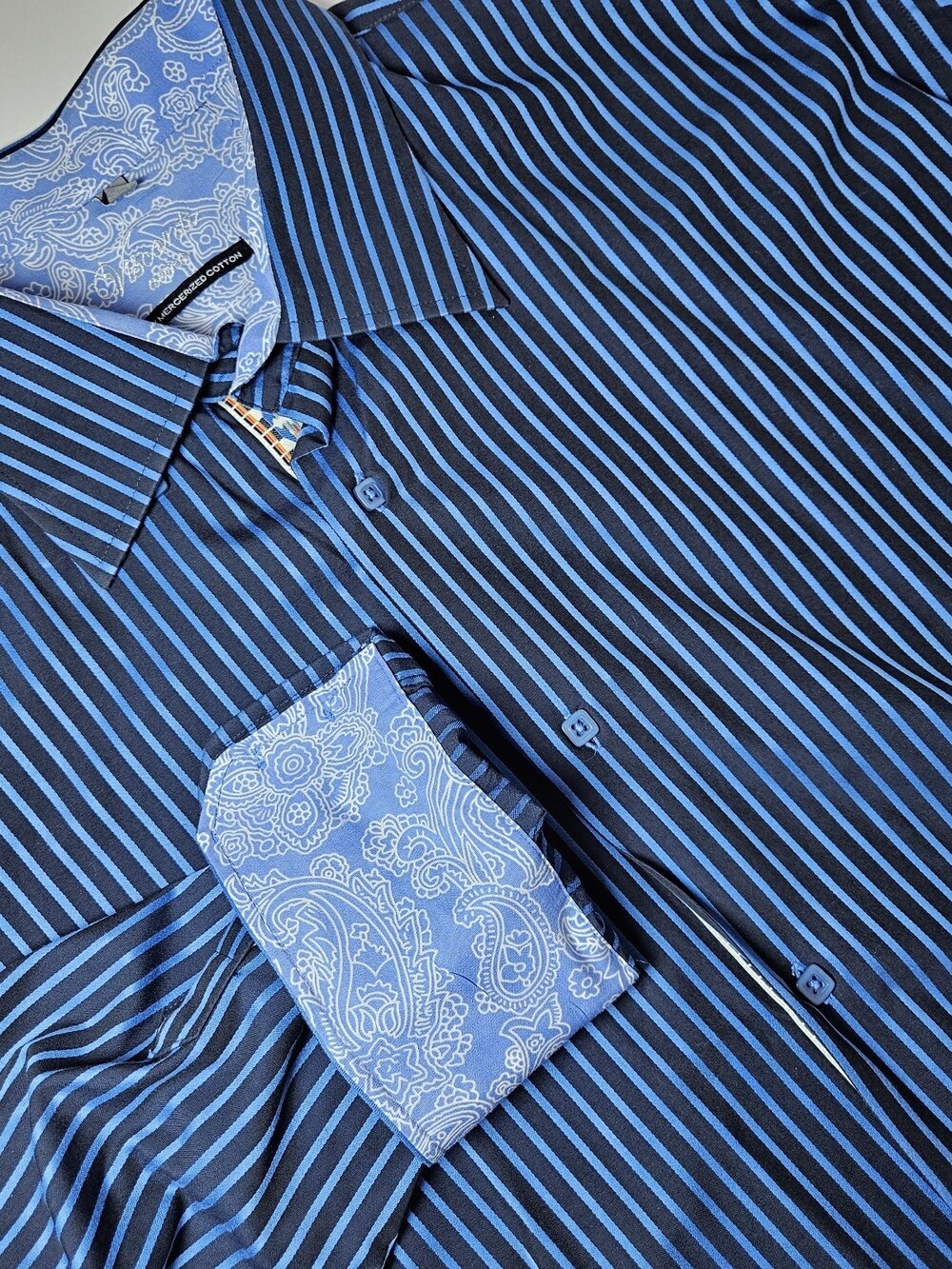 Visconti Uomo Shirt Mens 3XL Blue Striped Flip Cuff Cotton Career Night Out